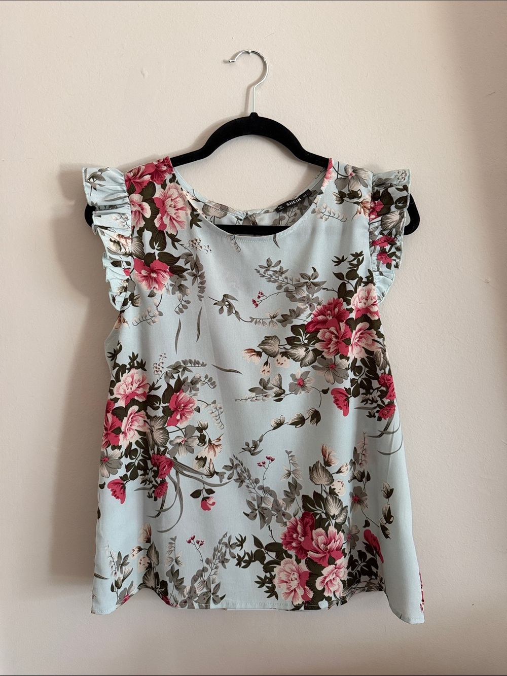 SHEIN Light Blue Floral Ruffle Sleeve Blouse with Pink Blooms